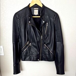 Zara Black Leather Motorcycle Jacket with Quilted Arms